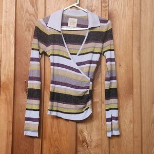 NEW Chaser Faux Wrap Metallic V-Neck Ribbed Sweater Small Black & Silver Stripes